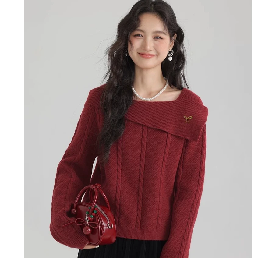【大码】081大码法式红色毛衣女气质方领打底衫女秋冬针织上衣