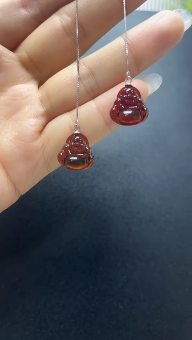 银S925镶嵌琥珀裸石琥珀耳线