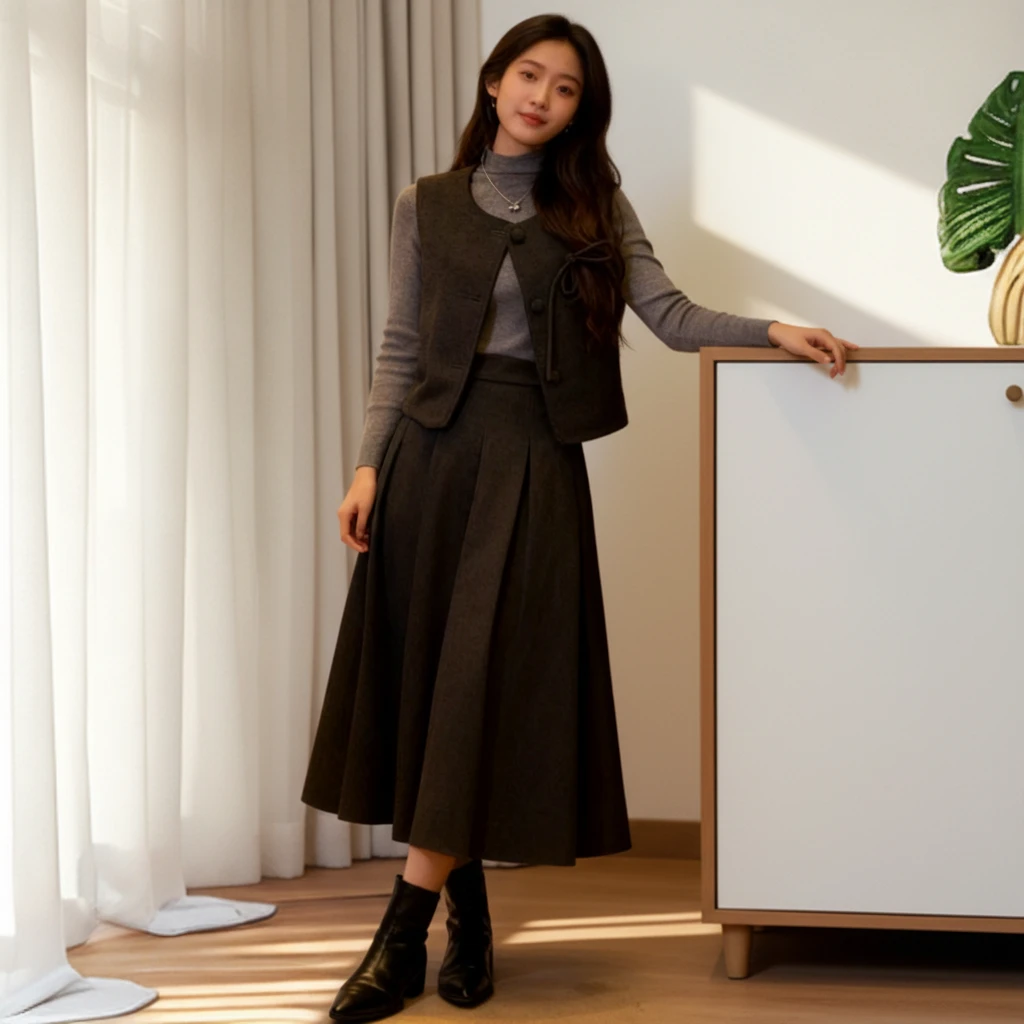 秋冬新款高级复古百搭休闲风显瘦针织马甲搭配长裙时尚女装三件套