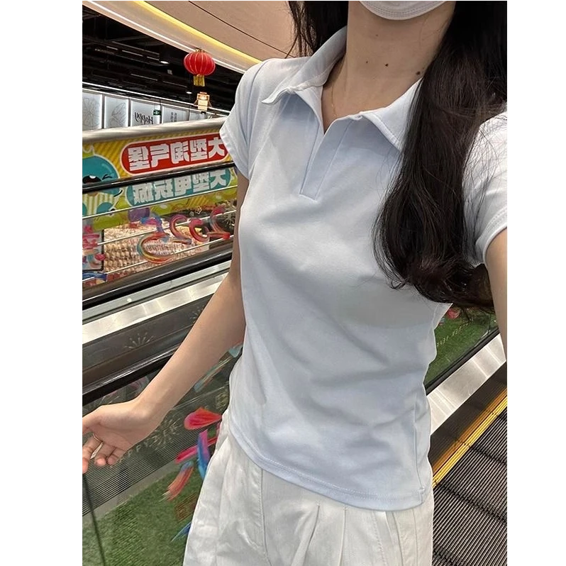 【UBKA】设计感小众正肩POLO领短袖T恤女夏季短款修身显瘦百搭上衣