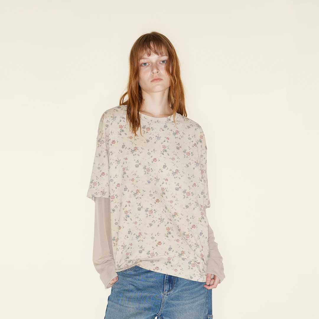 RURE 田园碎花假两件长袖T恤