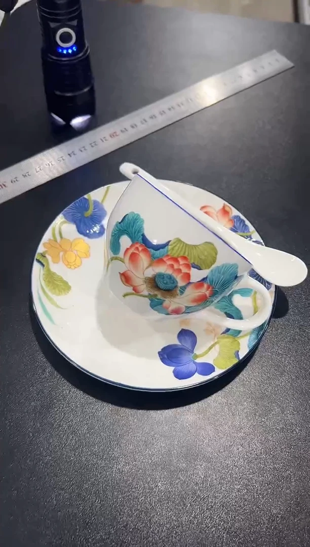 杯子骨瓷（简装）荷花咖啡杯碟一套+小勺