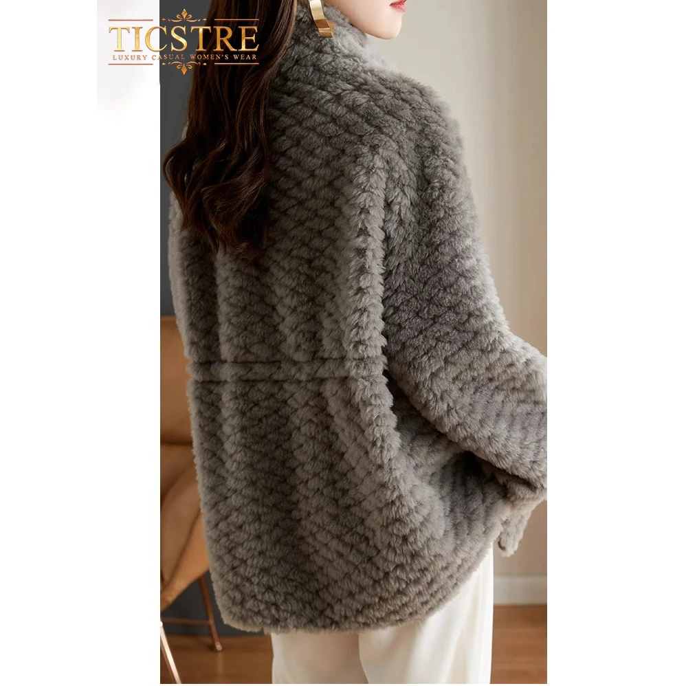 TICSTRE新款颗粒羊毛羔皮草外套秋冬洋气灰毛皮一体羊剪绒大衣女