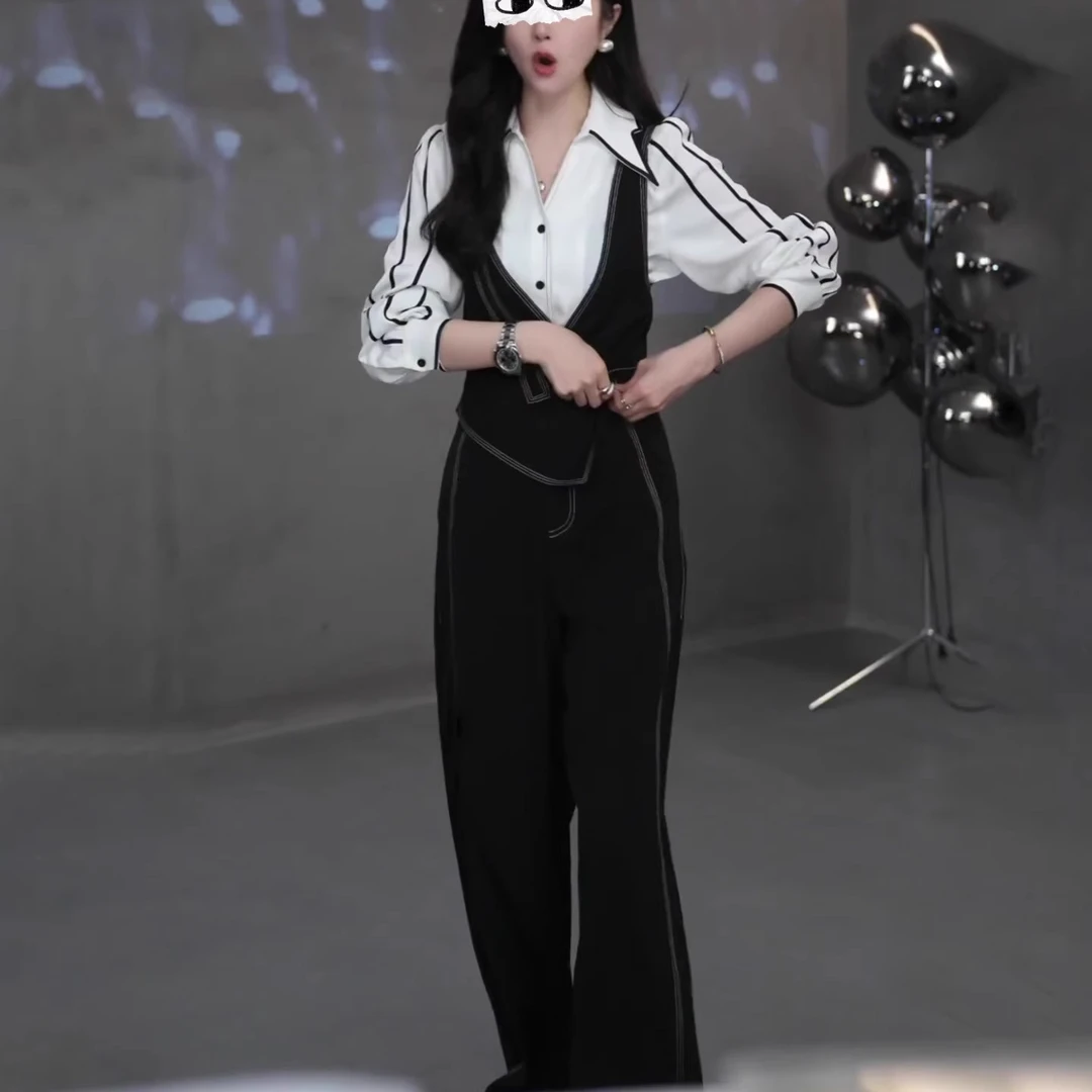 新款韩版极简风POLO领条纹长袖衬衫女背带收腰阔腿裤时尚两件套装