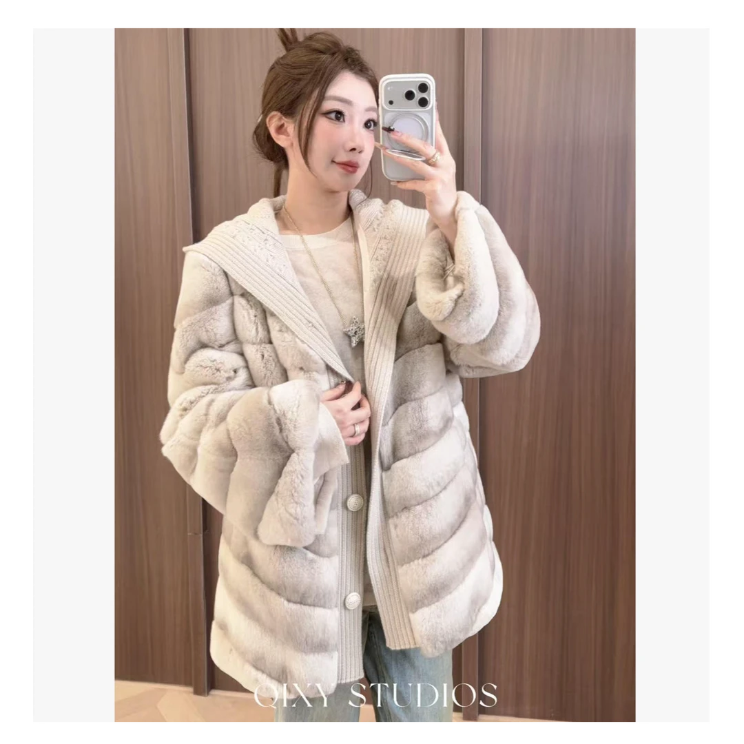 【粉丝专享】 丝绒青紫蓝兔皮毛一体皮草针织连帽外套冬#YTXNQ25T11