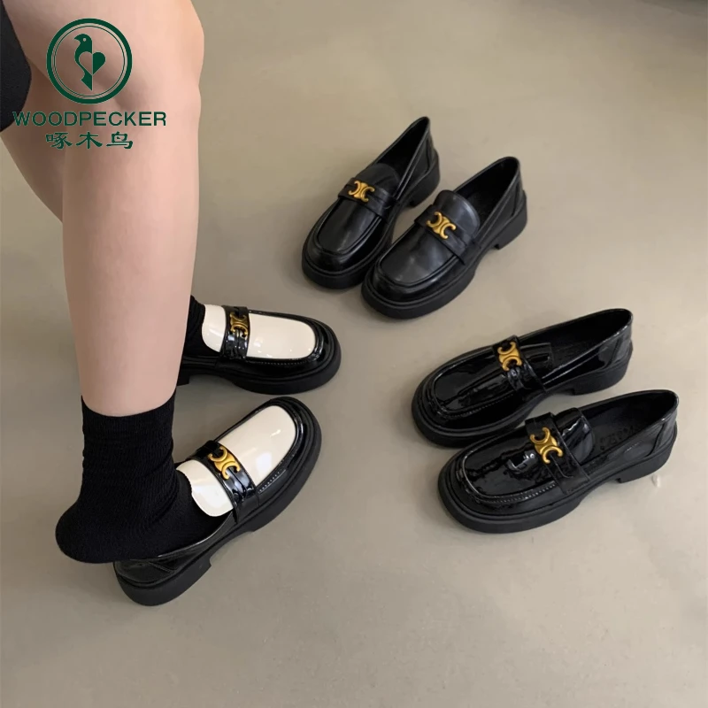 啄木鸟英伦风一脚蹬乐福鞋厚底单鞋2024秋款黑色玛丽珍鞋子小皮鞋