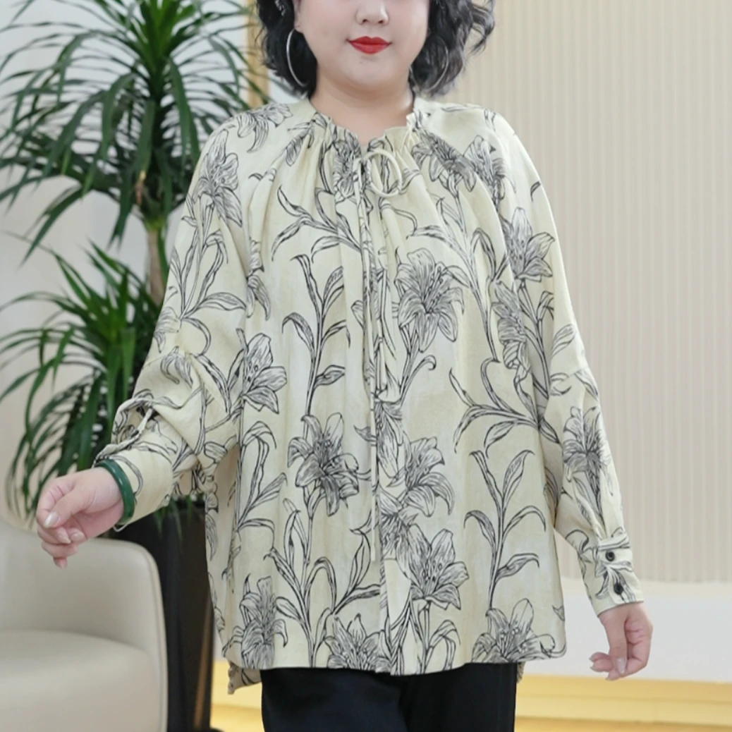 【百合清韵】炒色竹节麻秋季开衫外套暗襟松紧领木耳边大码衬衫女潮