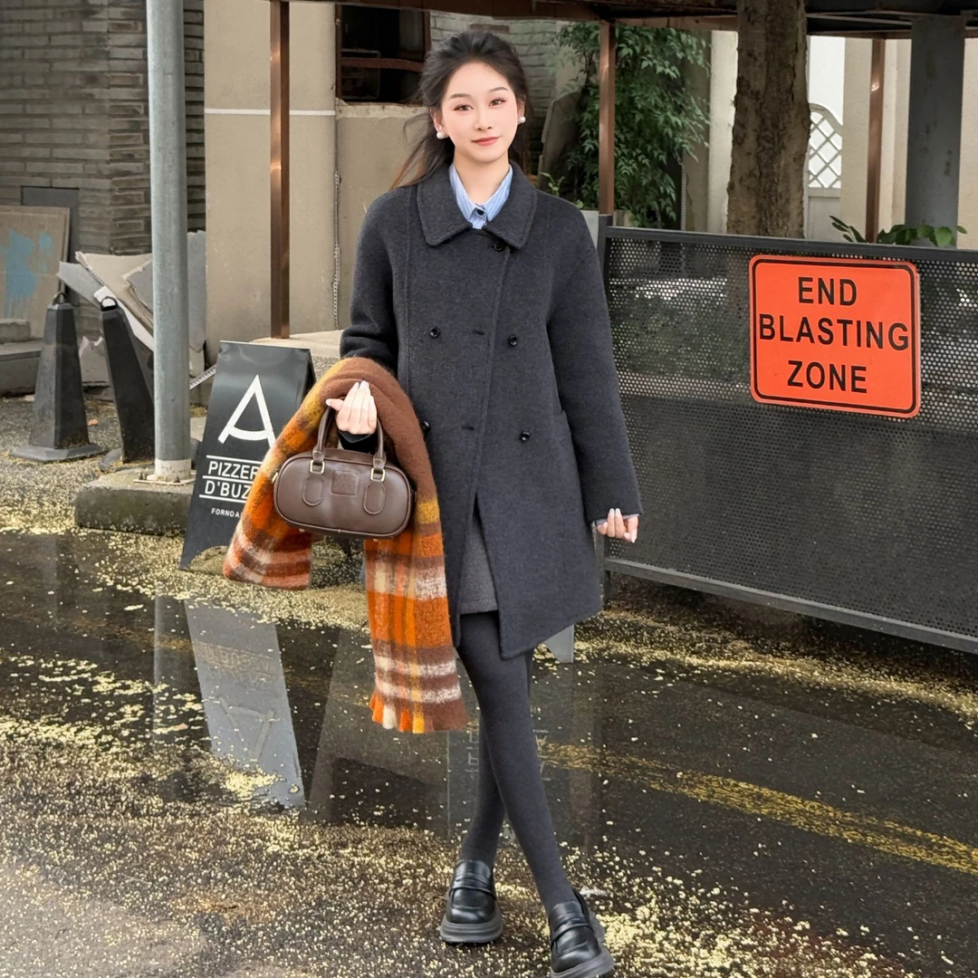 欧美简约氛围感经典秋冬修身收腰高品保暖双排扣羊毛大衣 9695