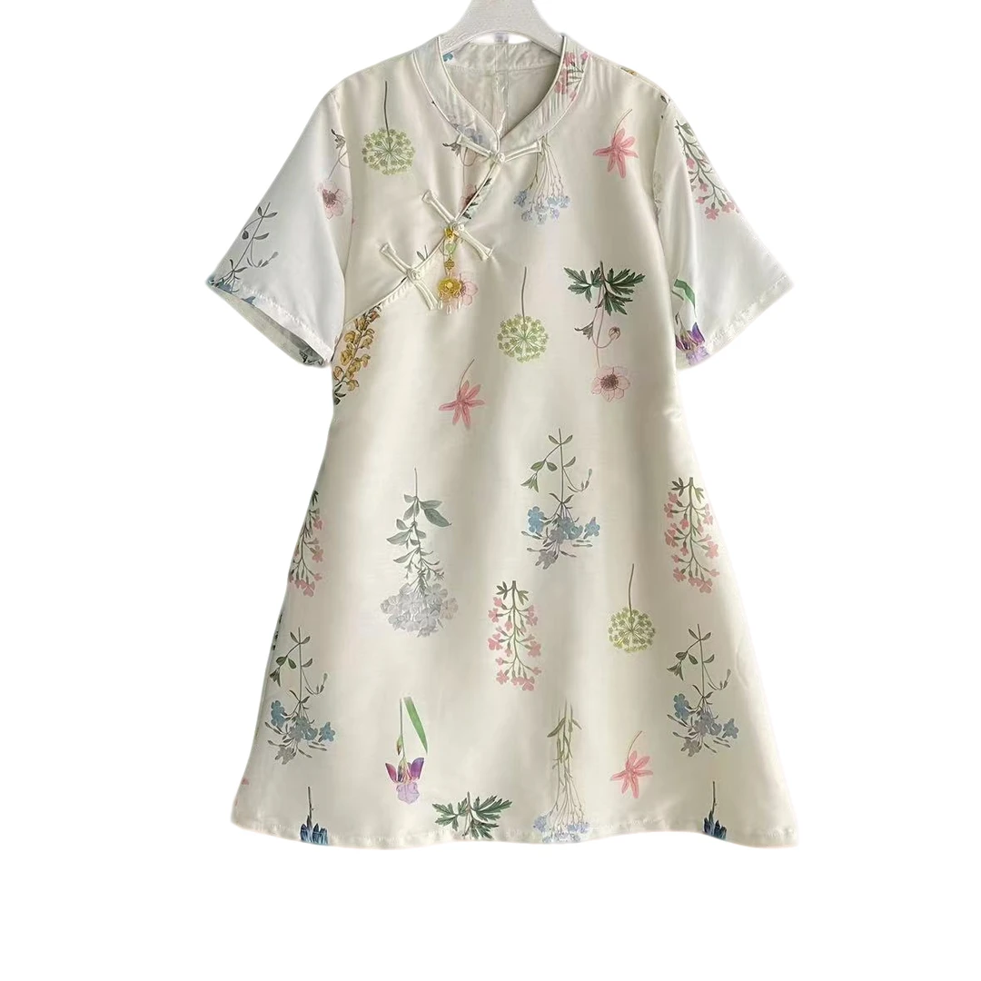 碎花连衣裙国潮新中式短袖连衣裙绣花印花