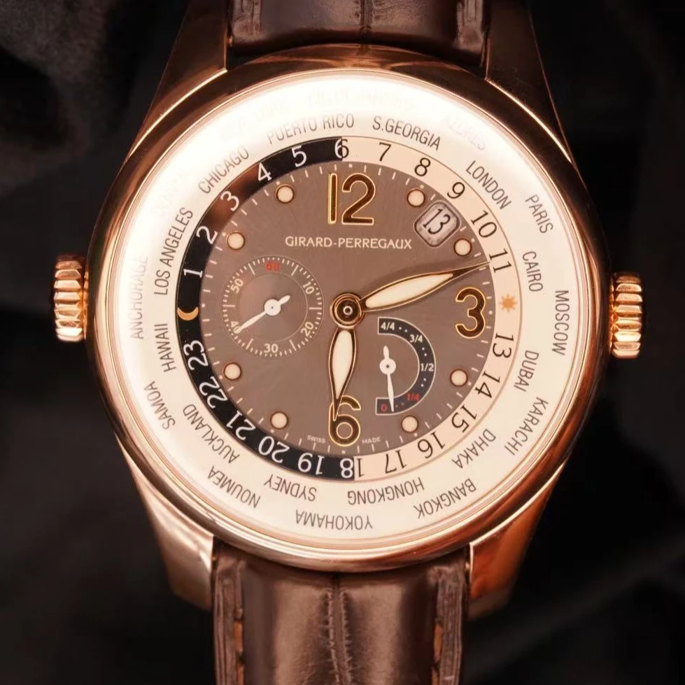 95新 Girard- Perregaux/芝柏表 世界时18K玫瑰金材单表
