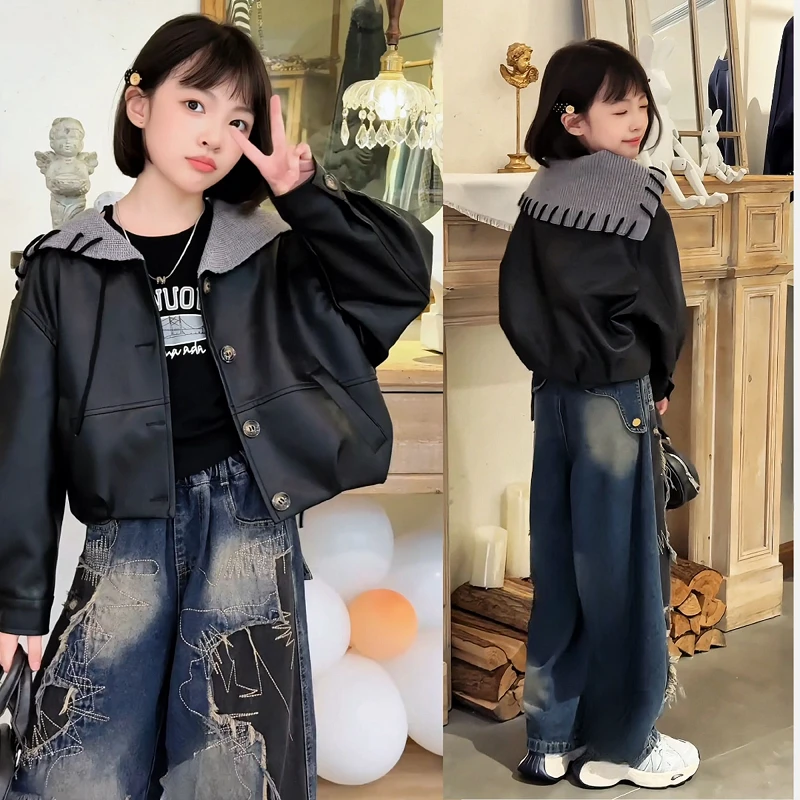 女童秋装韩系连帽假两件套长袖T恤时髦洋气儿童潮流外套牛仔套装