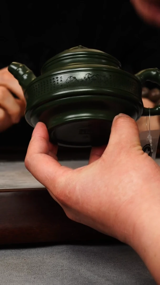 【闪购商品】紫砂茶壶绿泥 双线竹鼓 刻绘