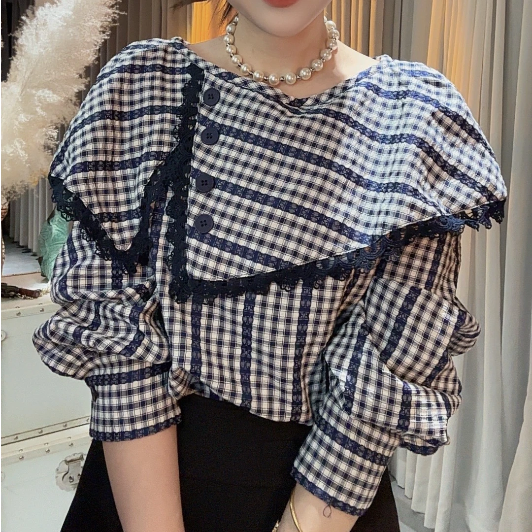 HUIHUI 韩系设计感荷叶领长袖衬衫·...