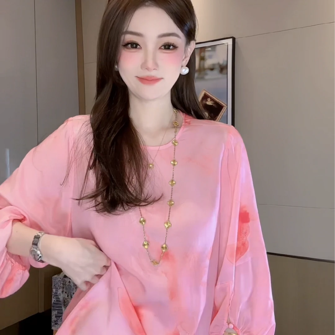 【丝芙玉禄】（F529）100%真丝双绉创意粉色印花桑蚕丝t恤上衣