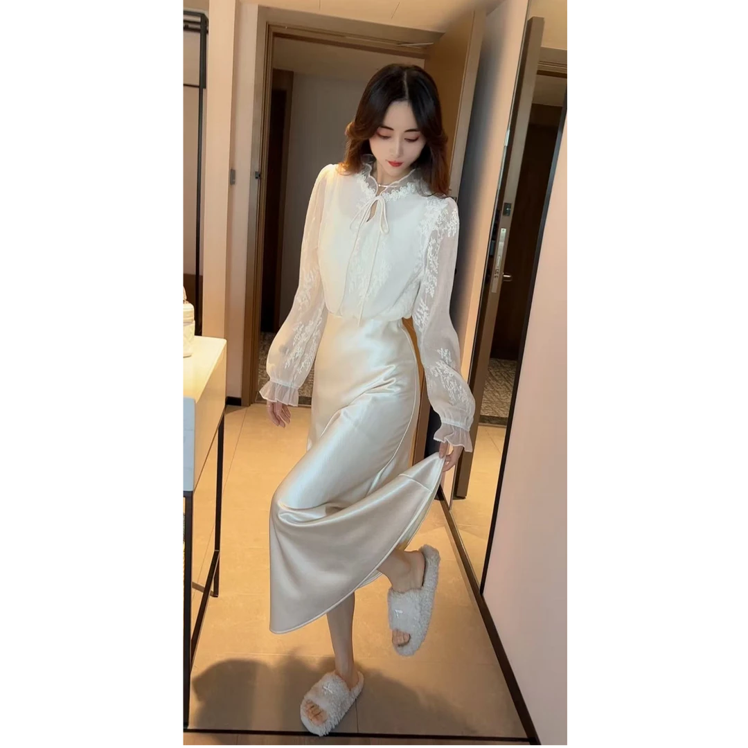 气质名媛风蕾丝花边木耳边刺绣内搭上衣女显瘦加绒光泽感半身裙潮