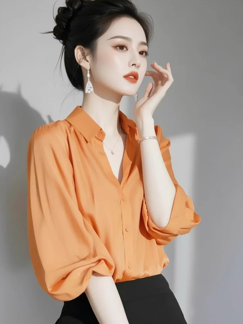 秋季七分袖法式衬衫气质上衣轻奢高级感时尚洋气减龄橙色衬衫女士