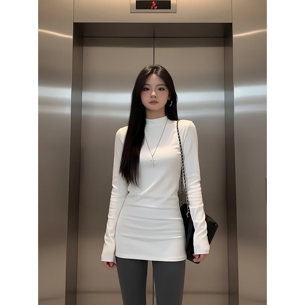 秋冬新款半高领打底衫内搭加绒加厚收腰显瘦中长款长袖t恤女