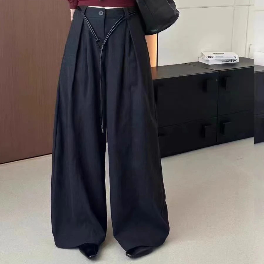 阔腿裤口袋休闲裤微胖高个子裤子收腰宽松百搭秋季8030