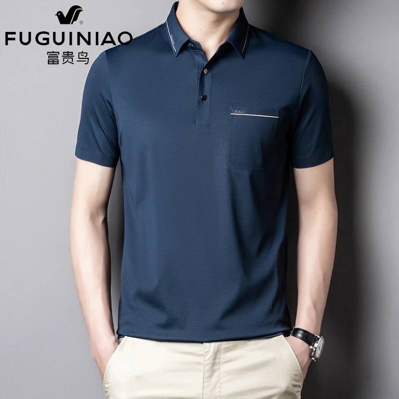 FUGUINIAO/富贵鸟夏季新款冰丝短袖T恤男士半袖口袋翻领POLO衫薄