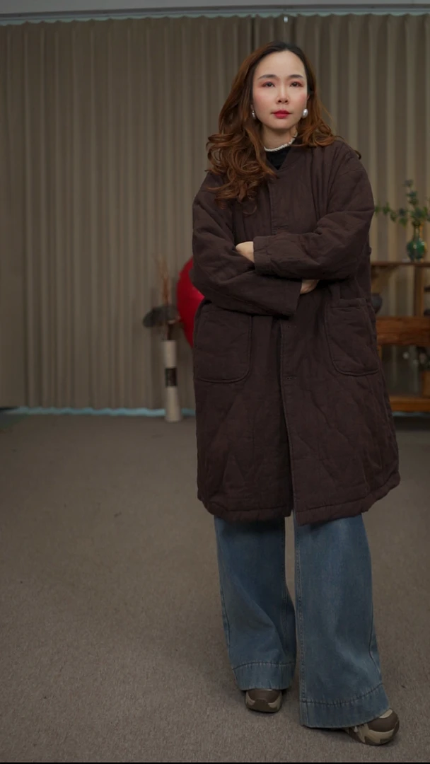 花璟与麻原创设计款单排扣大口袋夹棉棉衣（衣长95胸围140)