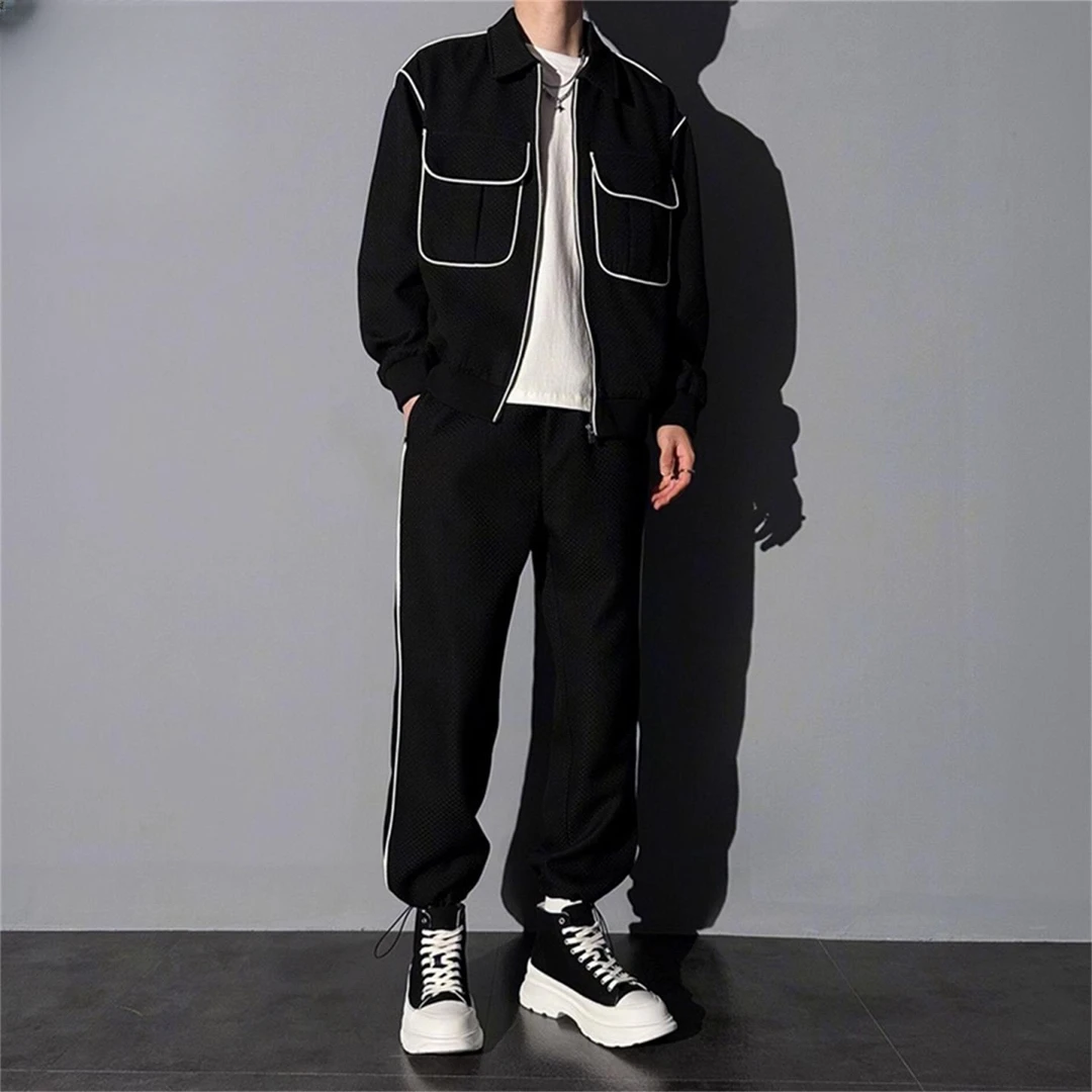 HKYC韩系高级翻领夹克套装男潮流休闲痞帅工装一套衣服春秋外套