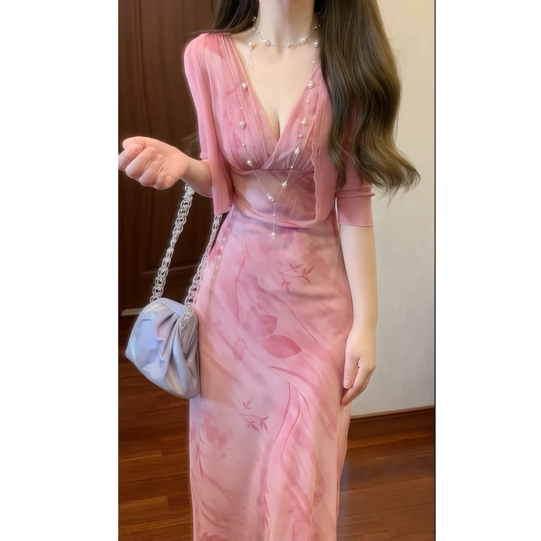 法式浪漫粉色干枯玫瑰吊带连衣裙开衫配长裙两件套别致绝美裙9534