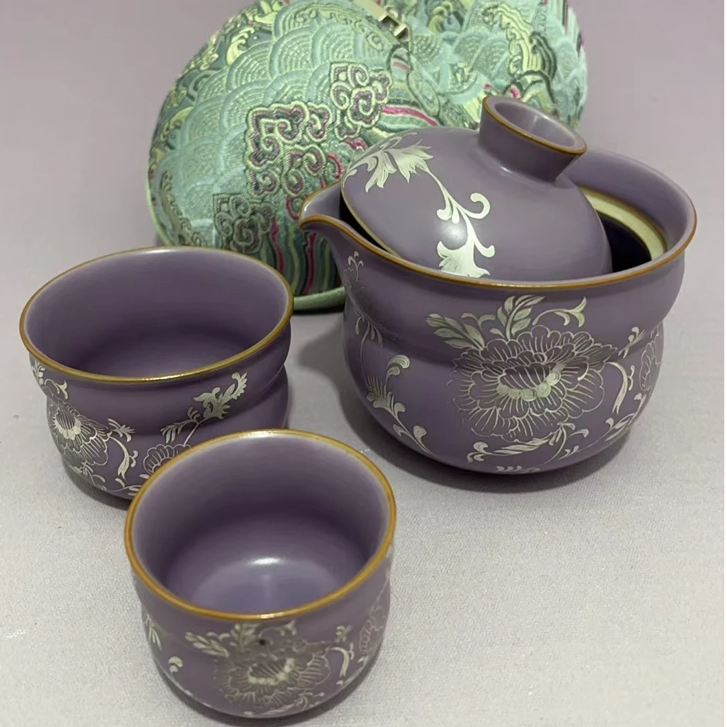 一鸣  香芋紫描银手绘牡丹旅行茶具H317