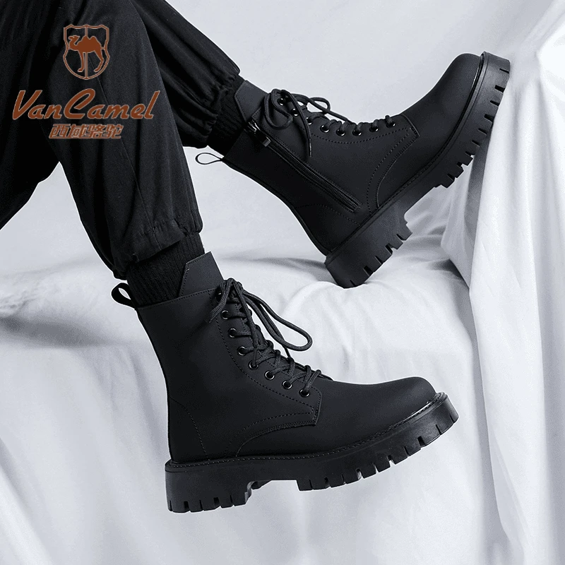 西域骆驼秋冬季马丁靴男款加绒休闲男皮鞋骑士靴子高帮英伦风皮靴