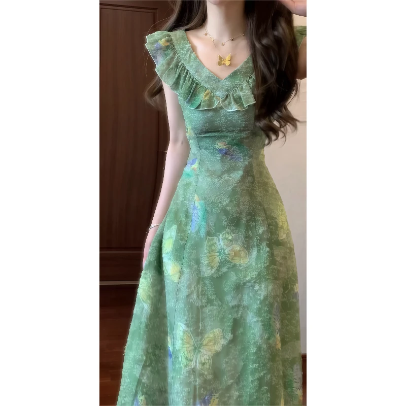 法式复古设计感荷叶边剪花蝴蝶印花V领连衣裙收腰气质长裙9350