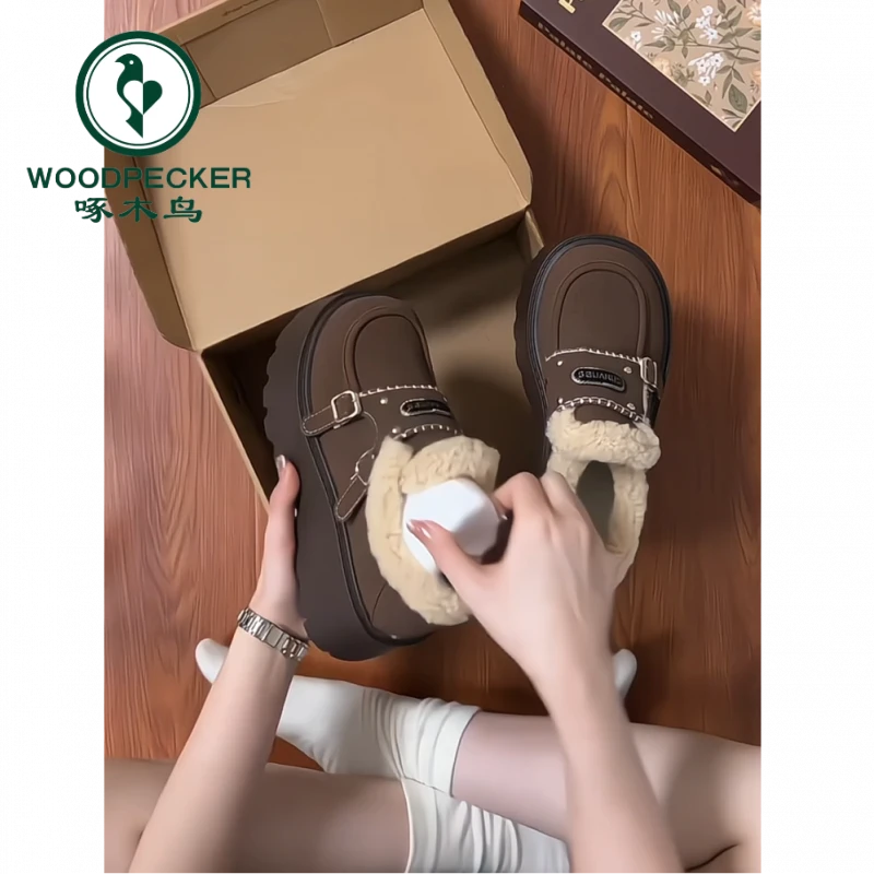 啄木鸟厚底加绒乐福鞋女2025新款冬季雪地靴圆头百搭保暖毛毛棉鞋