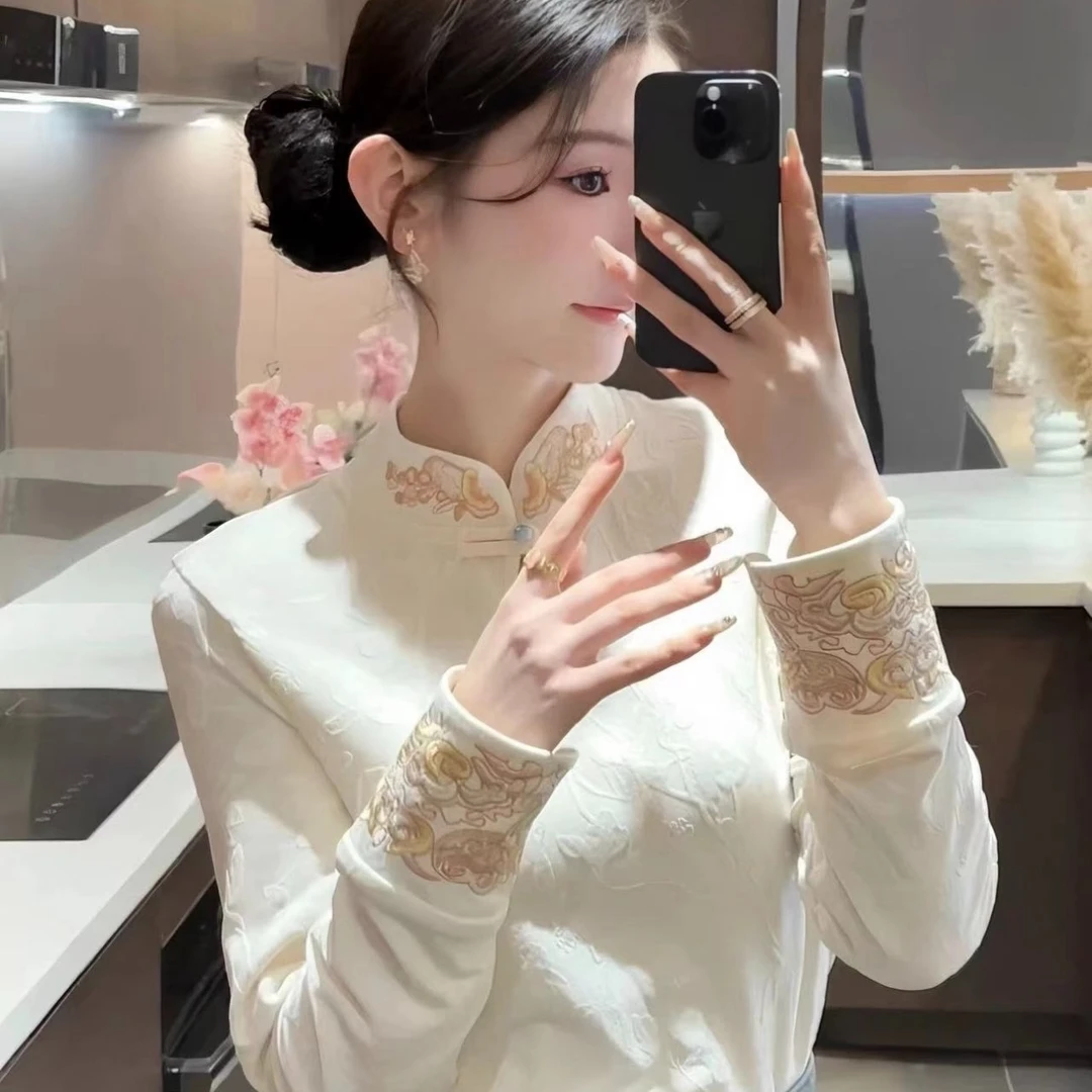 秋冬新中式立领气质盘扣刺绣衬衫加绒加厚刺绣提花长袖保暖上衣