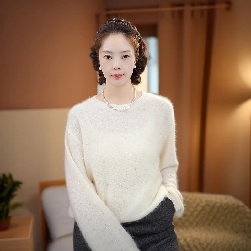 AM 2025羊绒羊毛双面拉绒设计款云朵进口珠片圆领慵懒羊绒衫6892