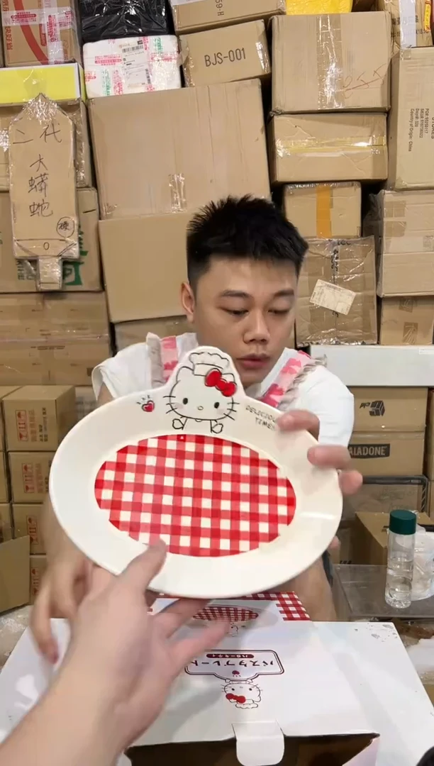 瓷片原盒kt猫红格子餐盘