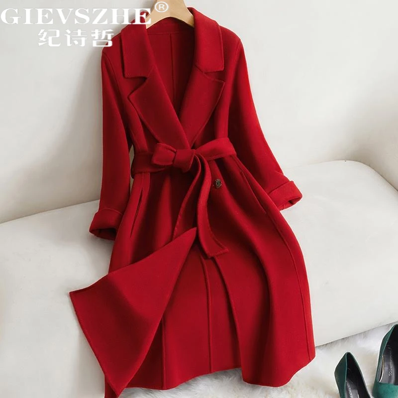 纪诗哲女装时尚轻奢新款双面毛呢大衣女款高级感宽松系带休闲外套