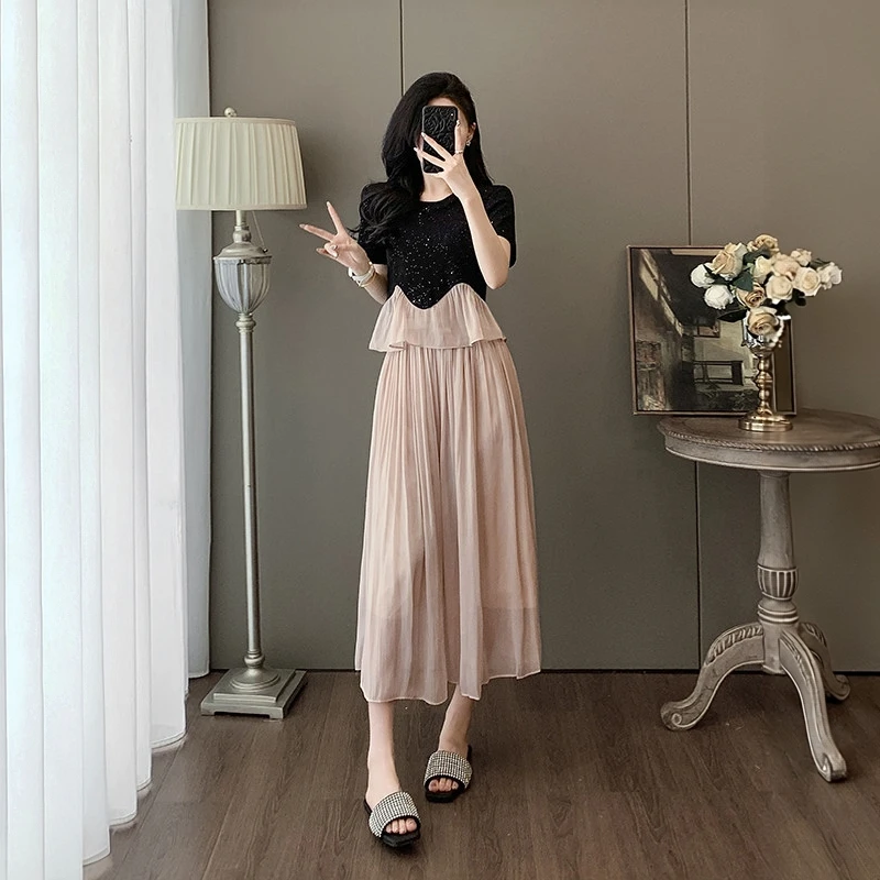 夏季新款琉璃冰丝垂感宽松显瘦设计感裙裤+上衣