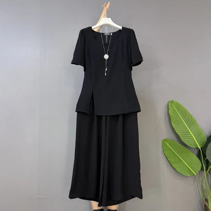 新款大码女装时尚气质简约开叉上衣阔腿裤两件套套装