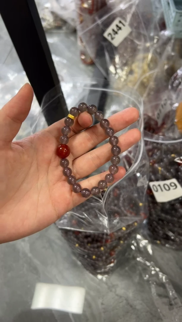 玛瑙/玉髓手链未镶嵌冰烟紫玛瑙红大顶珠手串[0108]