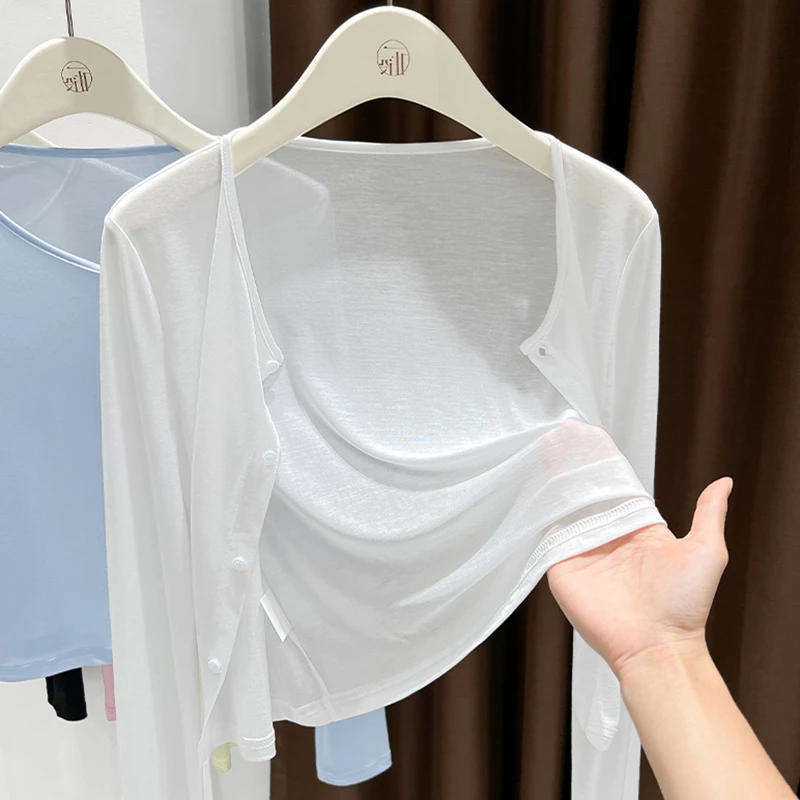 白色时尚薄款圆领短外套夏季配连衣裙外搭披肩单排扣设计针织开衫