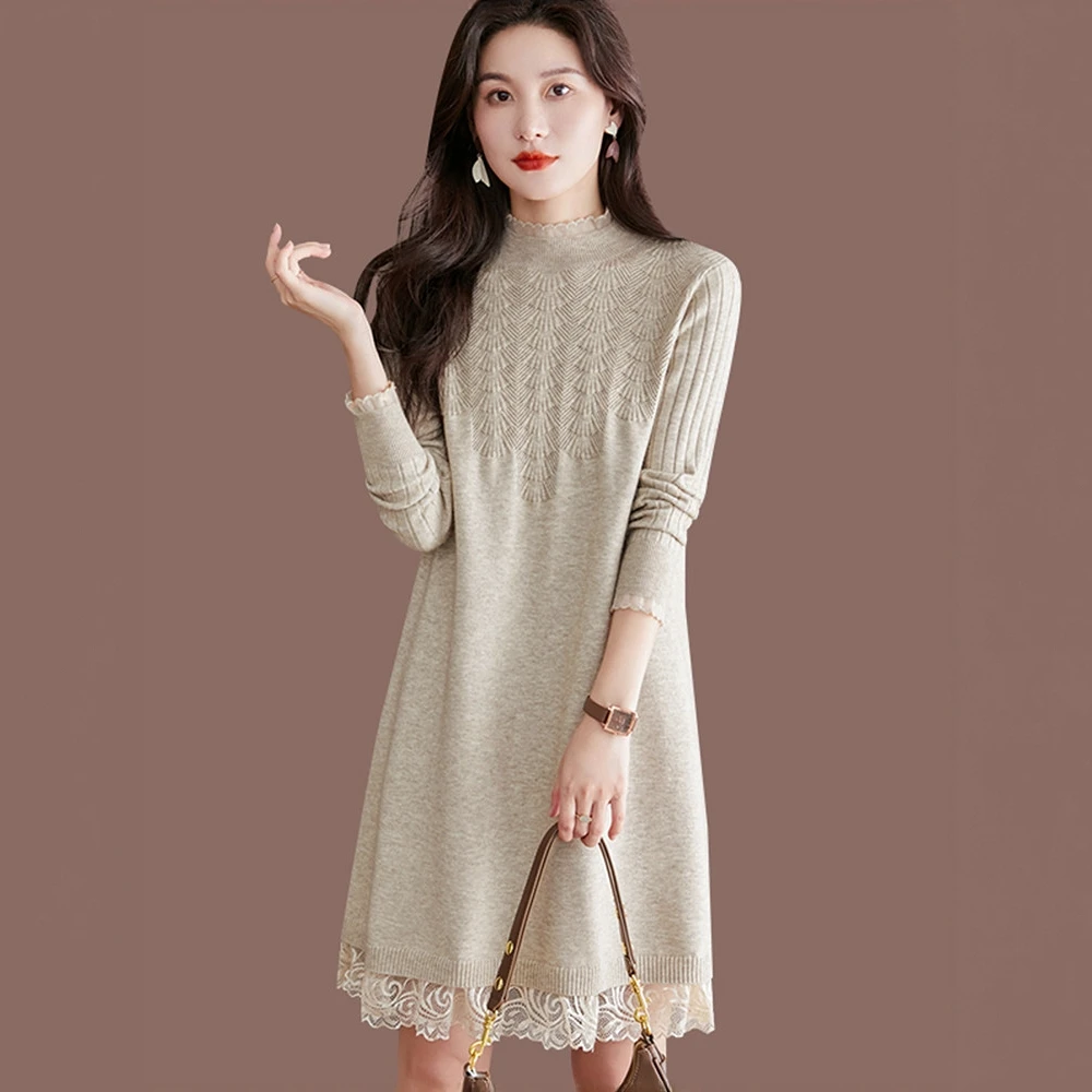 秋冬装内搭显瘦宽松打底衫2025新款中长款毛衣裙蕾丝针织连衣裙女