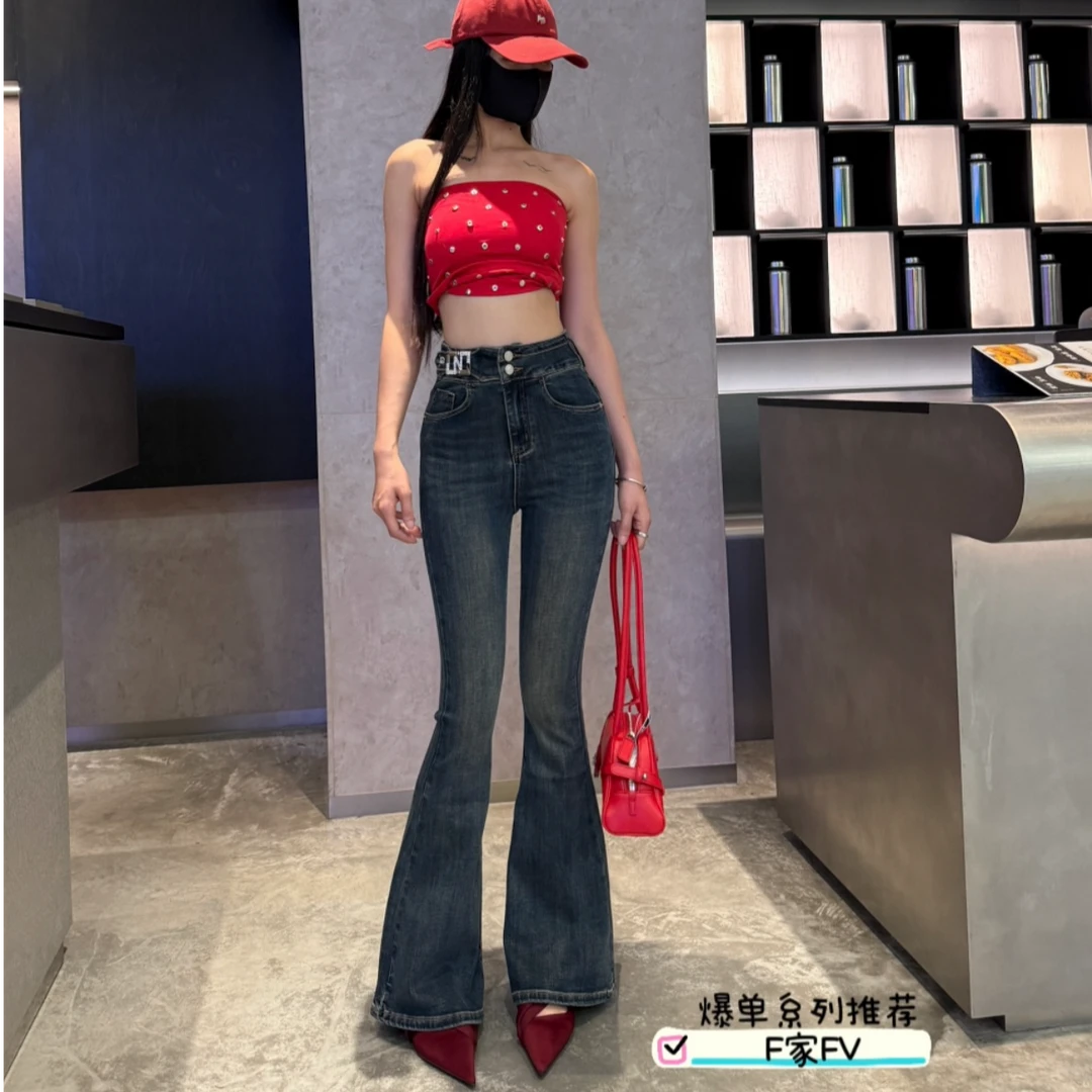 秋冬欧货新款厚款女长喇叭裤高腰性感风翻边高弹力牛仔裤镂空时尚