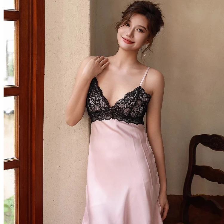 性感睡衣女夏冰丝蕾丝可爱甜欲吊带睡裙带胸垫