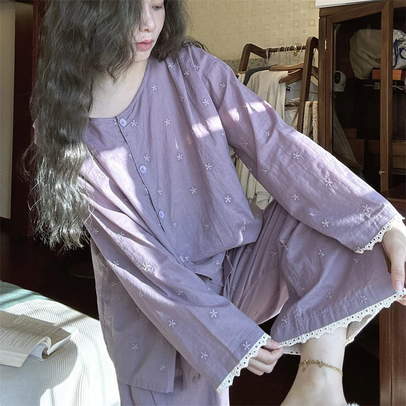复古碎花睡衣女2025春秋新款休闲宽松大码长袖长裤紫色家居服套装