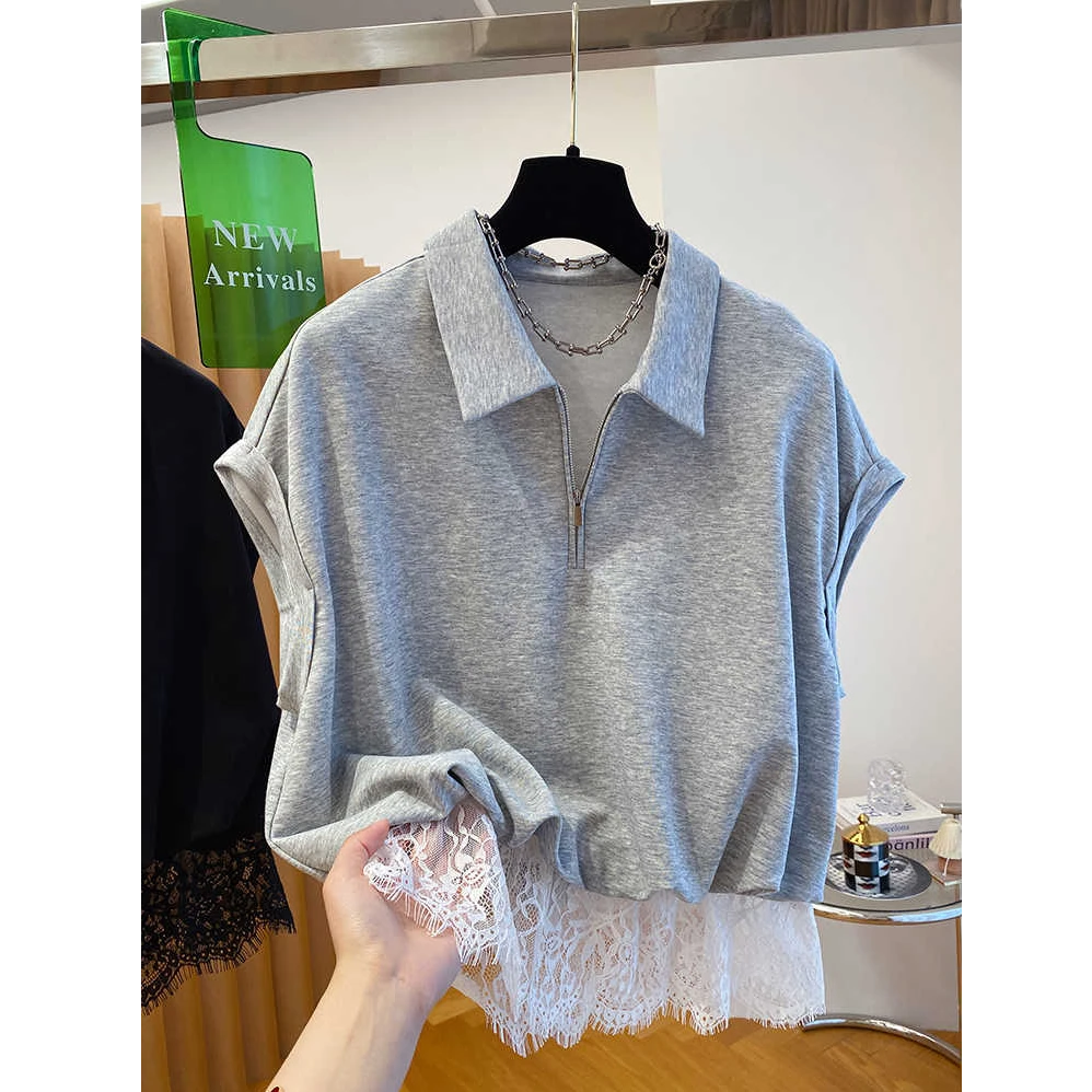 韩国半拉链polo领短袖t恤女2025新款宽松休闲蕾丝拼接假两件上衣