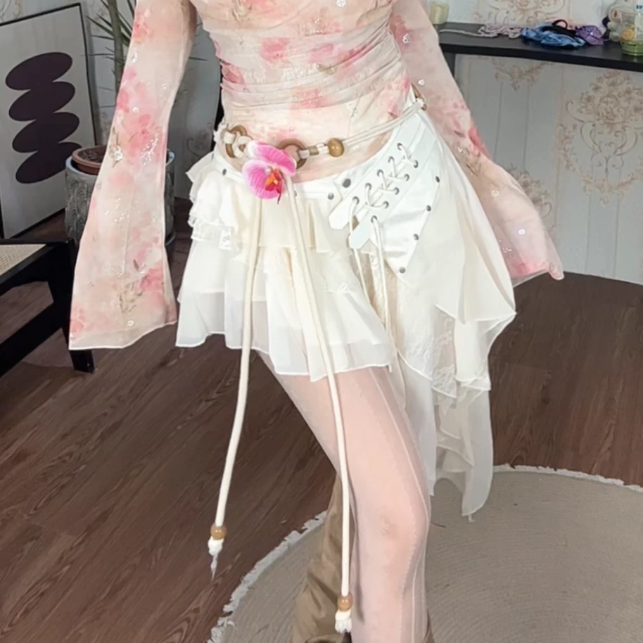 {慵懒羽毛}网纱半身裙女春夏款 显瘦纯欲设计感甜美白色蕾丝