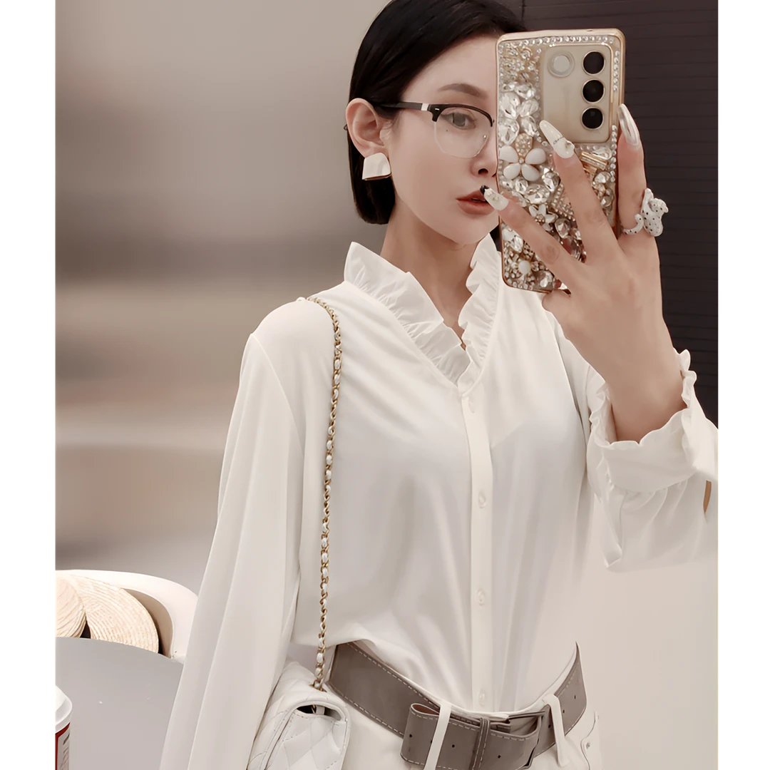 法式浪漫！2025春季柔雅精致 清透朦胧感气质木耳边白色长袖衬衫