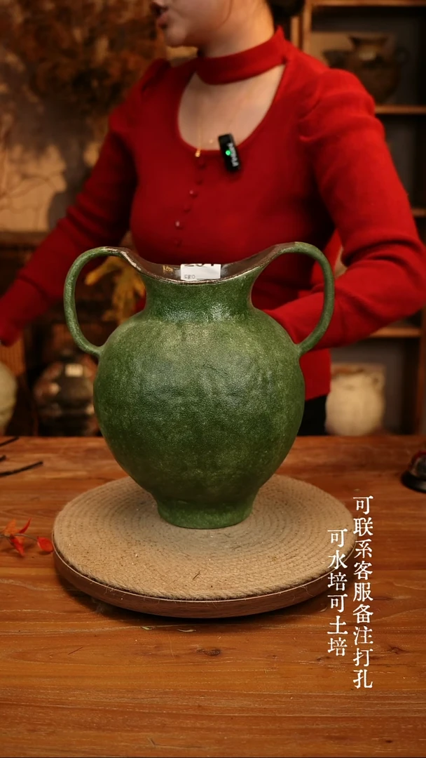 陶瓷291绿色双耳大肚瓶可水培可土培