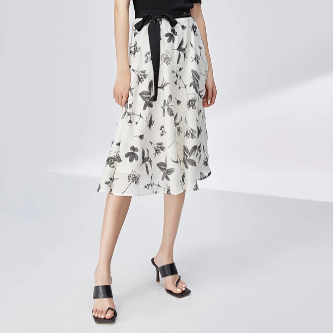 【尚雅专属】商场同款莱赛尔印花腰部织带半身裙N165A32607