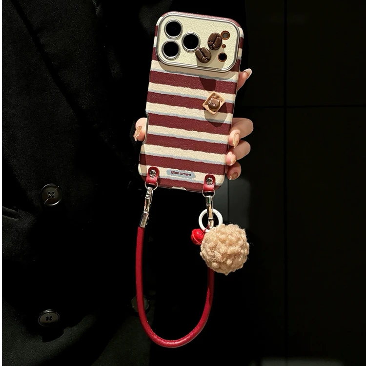 皮质红米条纹咖啡豆适用iPhone17pro手机壳16promax手提斜跨15pro