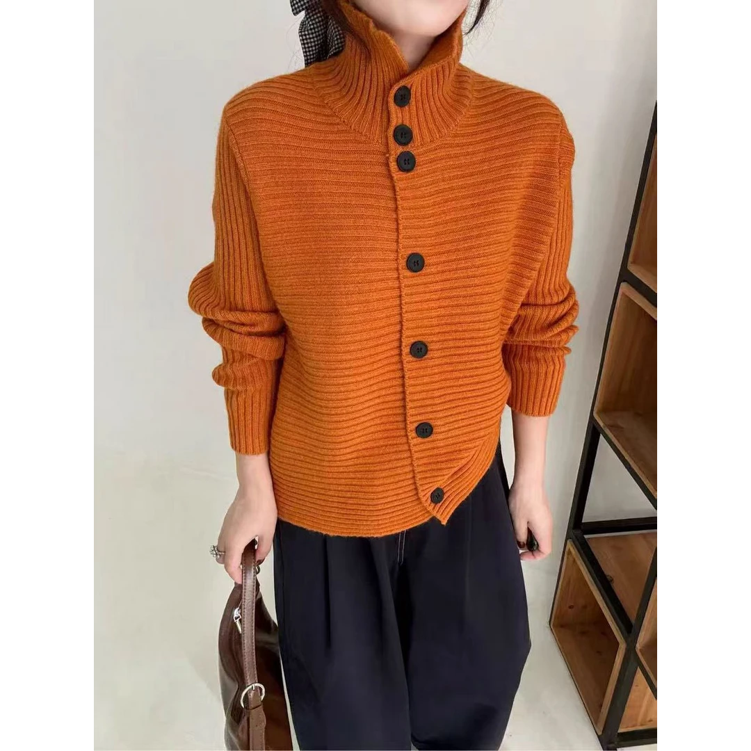 高领坑条毛衣女2025秋冬季新款高级感慵懒风宽松百搭别致针织开衫