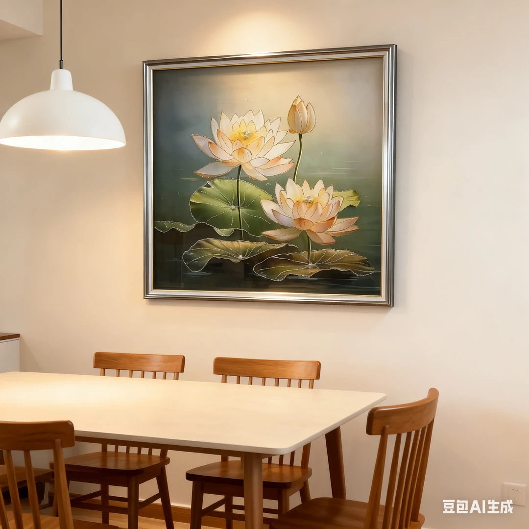 荷花客厅装饰画钢化玻璃画面，实木烤漆边框，鎏金鎏银工艺，